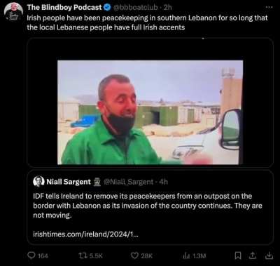 The bond between local Lebanese &amp;amp; Irish peacekeepers is so strong that the locals have developed Irish accents. The IOF attempted and failed to compel the peacekeepers to leave.