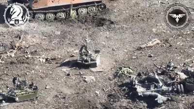 Destruction of the Russian combat robotic platforms by the FPV drones of the 47th Brigade. Avdiivka front.