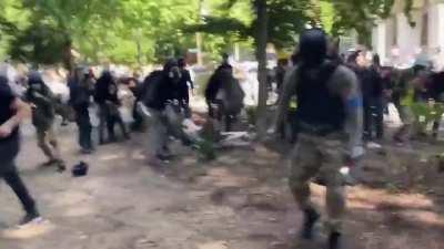 Liberal protestors and Conservatives protestors clash. Portland, Oregon.