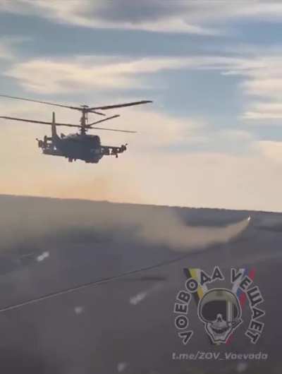 Russian Ka-52M fires LMUR air-to-surface missile, POV from a second helicopter