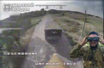 FPV DRONE - Border guards of the «Steel border» detected an enemy truck heading towards enemy positions and precisely hit it with an FPV drone.