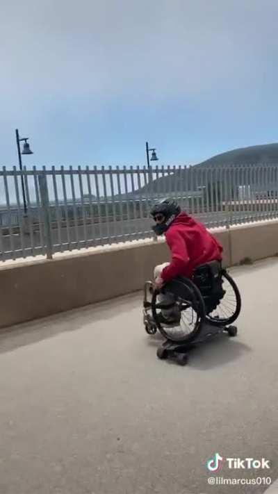 Just because he's in a wheelchair doesn't mean he can't skateboard