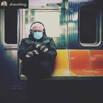 Repost #shaunking - Bernie NYC subway chilling.