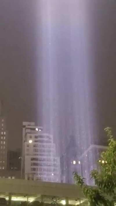 9/11 Tribute in Light shimmering in the rain tonight. Worth getting soaked to see this IRL.