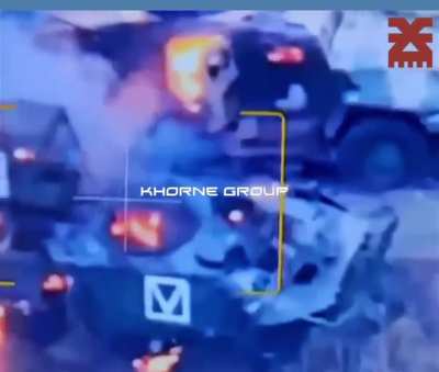 Additional footage: A Russian convoy, consisting of a tank, an ural armored vehicle and a BTR-80 armored personnel carrier, was ambushed and destroyed in the Kursk region. The Khorne group published another video of the aftermath. October 2024.