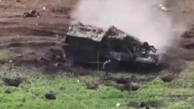 Russian BTR-82A with troops hits a mine and the vehicle is abandoned while Ukrainian artillery lands around it (near Chasiv Yar, April 2024)