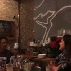 Crazy woman tries to tell a barista that she is better than that job.